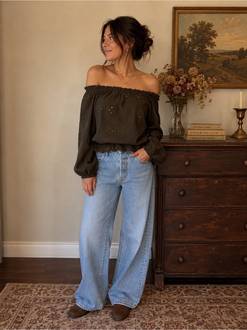 H&M Olive Off-Shoulder Eyelet Blouse